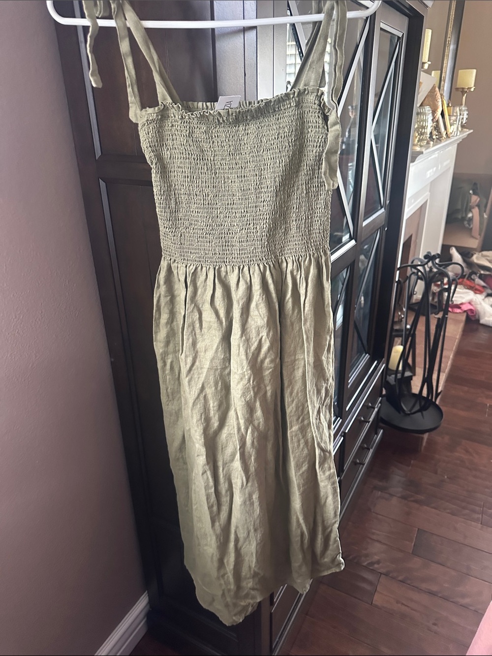 Wilfred Olive Green Smocked Midi Dress with Tie Straps